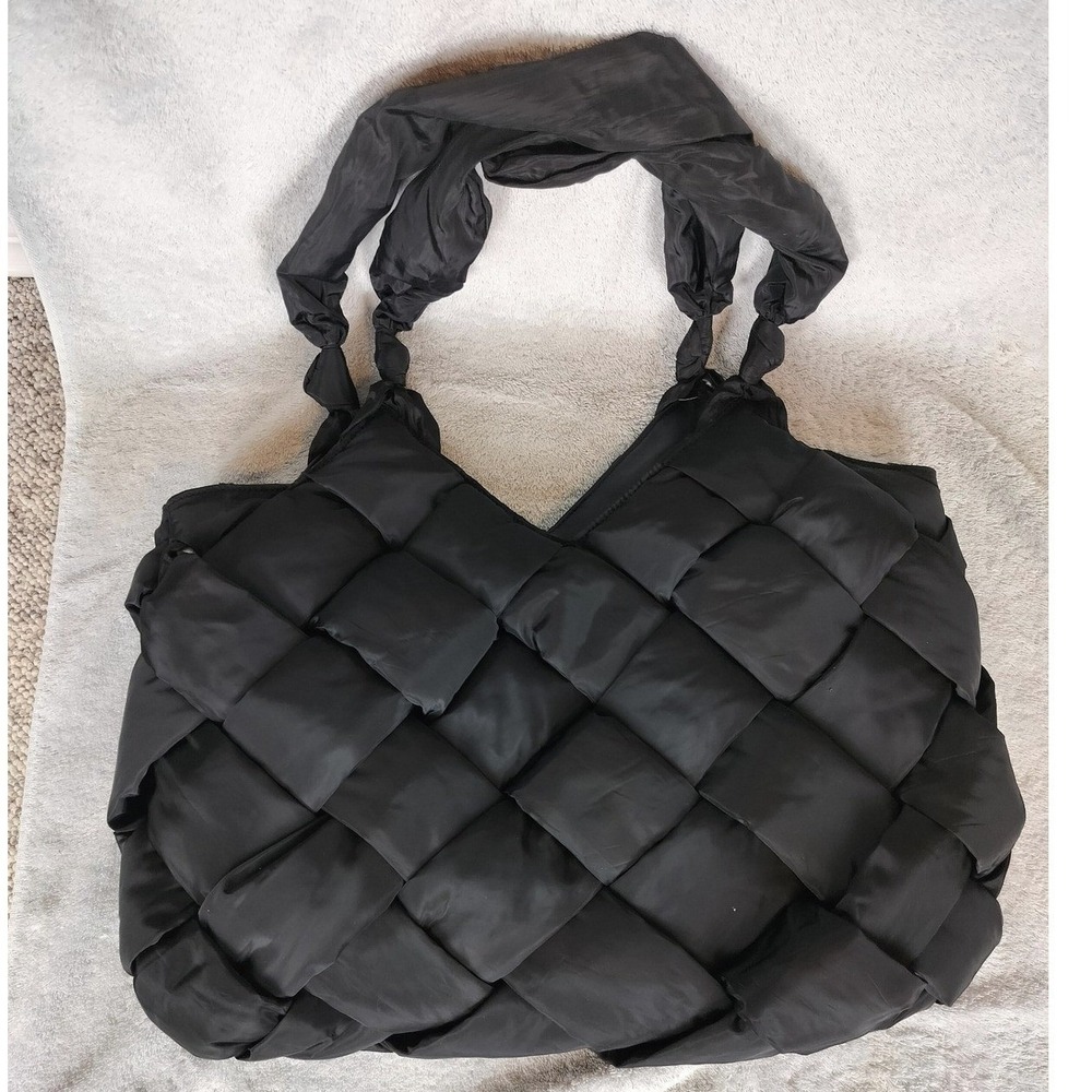 Large Woven Puffer Tote Bag Black Padded Satin Shoulder Bag Chinese‎ Laundry